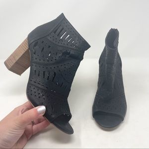 Restricted Black Lazer Cut Out Open Toe Zip Back Wooden Like Block Heel Booties